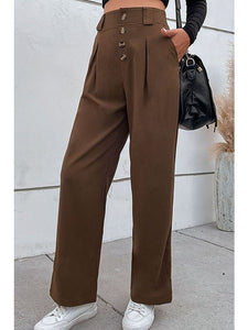 Button-Fly Pleated Waist Wide Leg Pants with Pockets Pants LoveAdora