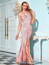 Load image into Gallery viewer, Sequin Keyhole Halter Neck Split Dress Evening Gown LoveAdora