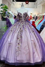 Load image into Gallery viewer, Flower Applique Bead Off Shoulder w/ Detachable Ribbon Long Quinceanera Dress GLGL3178-0
