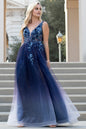 3D Floral Applique Illusion V-Neck Long Prom Dress AC5015