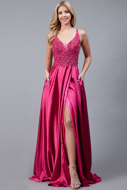 Front Slit Embroidered Bodice Straps Satin Skirt Long Prom Dress AC6120