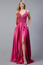 Front Slit Embroidered Bodice Straps Satin Skirt Long Prom Dress AC6120