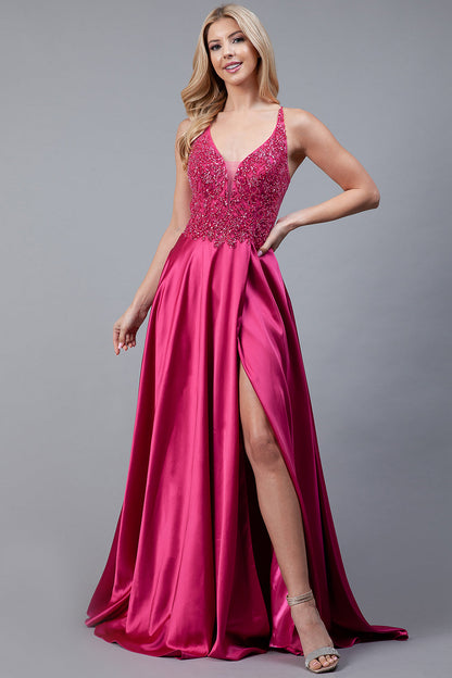 Front Slit Embroidered Bodice Straps Satin Skirt Long Prom Dress AC6120