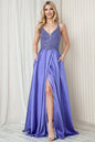 Front Slit Embroidered Bodice Straps Satin Skirt Long Prom Dress AC6120