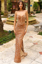 Strapless Embroidered Sequin Side Slit Open Corset Back Long Prom Dress AC3011