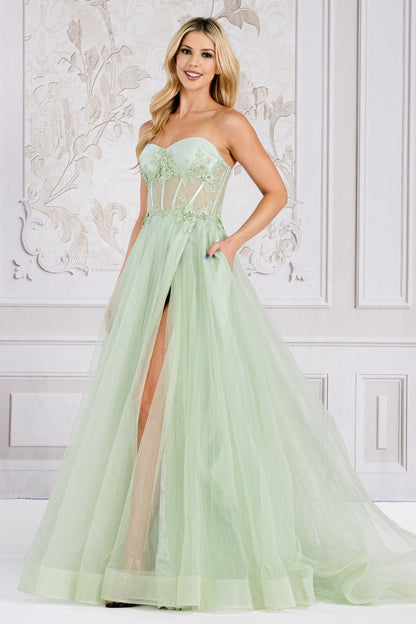 Strapless Embroidered Bodice Side SlitTulle Skirt Long Prom Dress AC7042