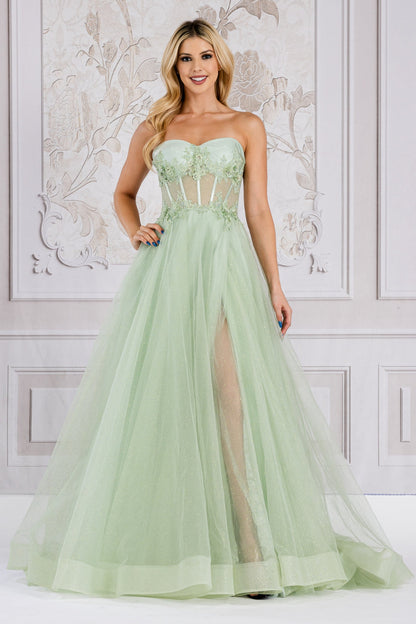 Strapless Embroidered Bodice Side SlitTulle Skirt Long Prom Dress AC7042