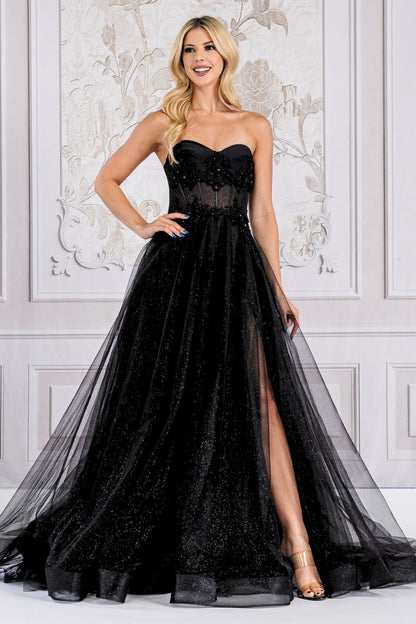 Strapless Embroidered Bodice Side SlitTulle Skirt Long Prom Dress AC7042