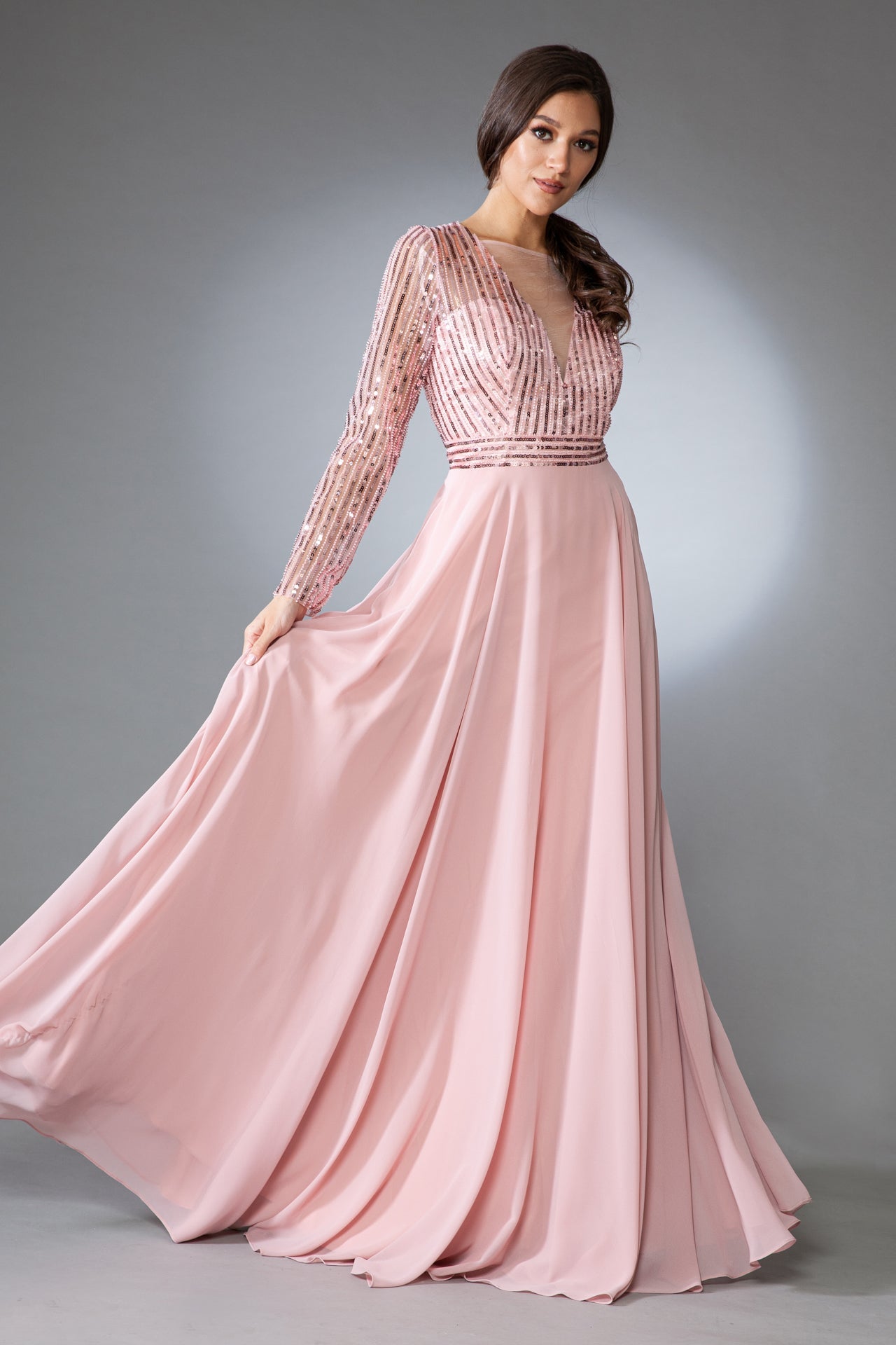 Long Sleeves A-Line Chiffon Skirt Illusion V-Neck Long Mother Of The Bride Dress AC7036