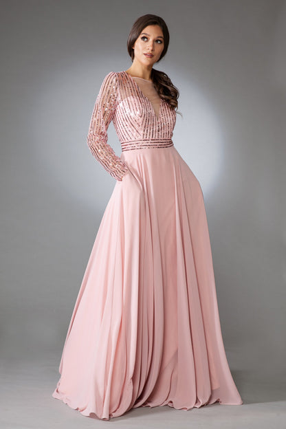 Long Sleeves A-Line Chiffon Skirt Illusion V-Neck Long Mother Of The Bride Dress AC7036