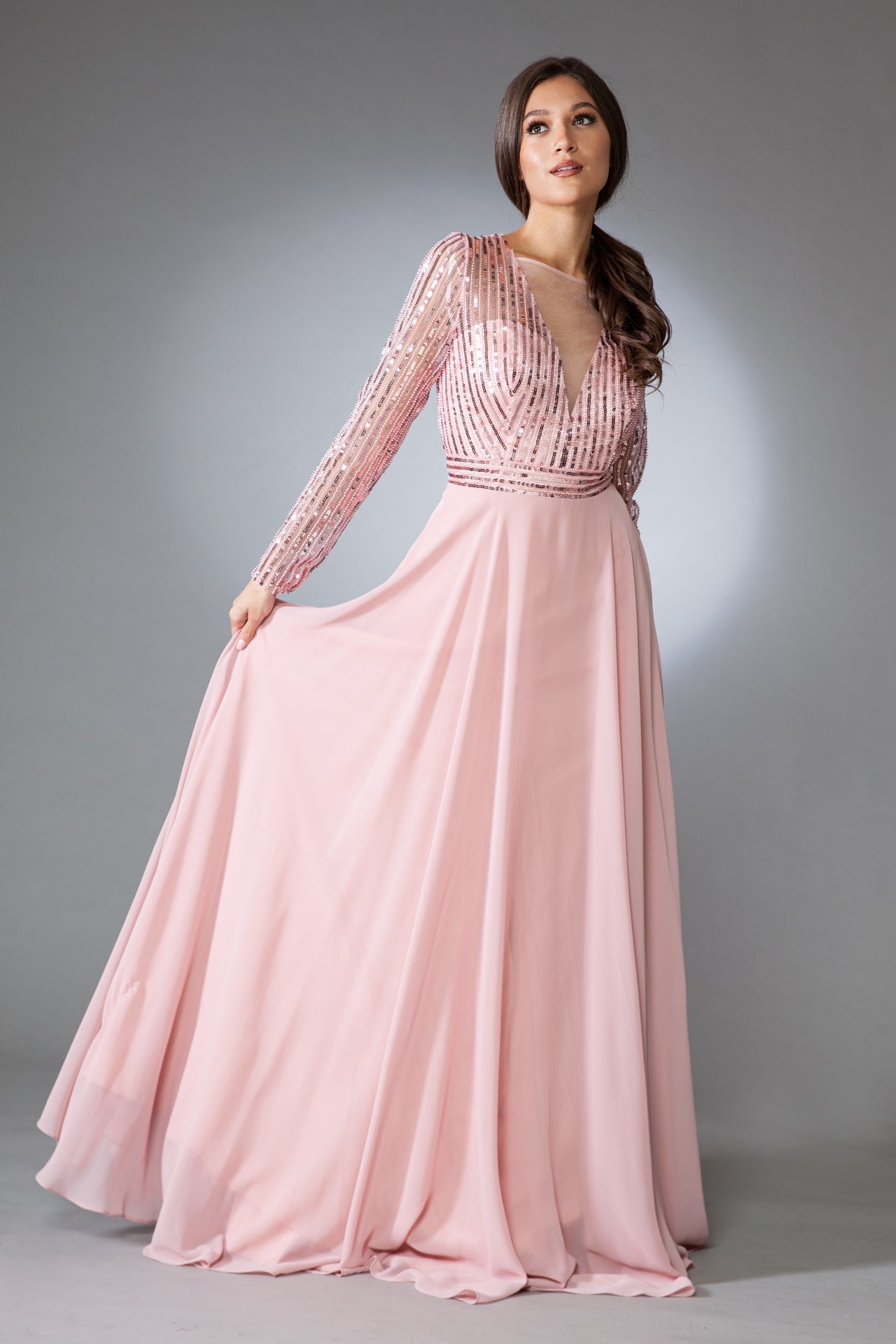 Long Sleeves A-Line Chiffon Skirt Illusion V-Neck Long Mother Of The Bride Dress AC7036