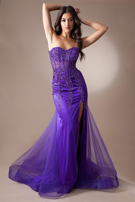 Sheer Embroidered Lace Side Slit Open Back Long Prom Dress AC7051