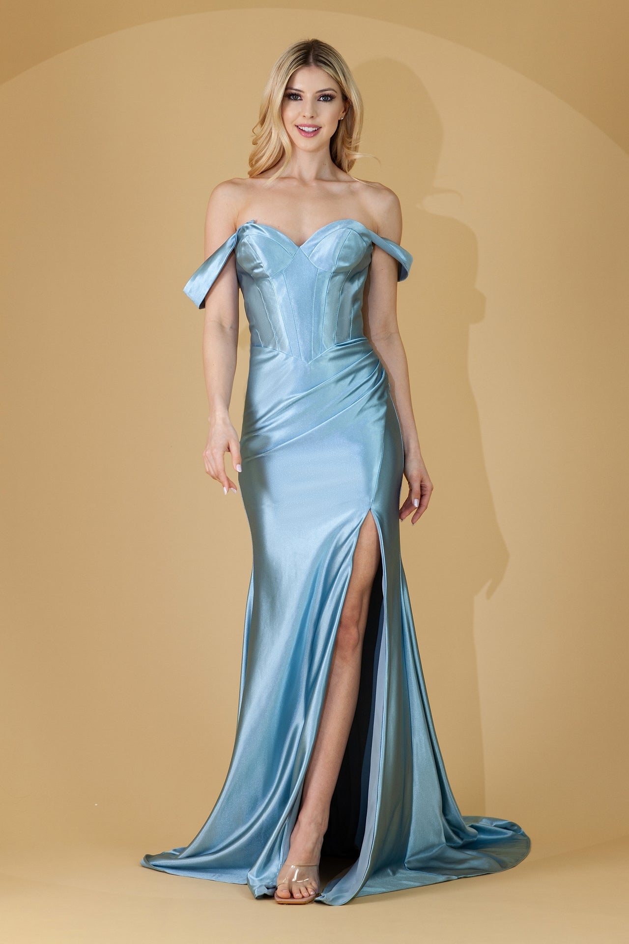 Off Shoulder Satin Sweetheart Side Slit Corset Top Long Prom Dress ACBZ9030