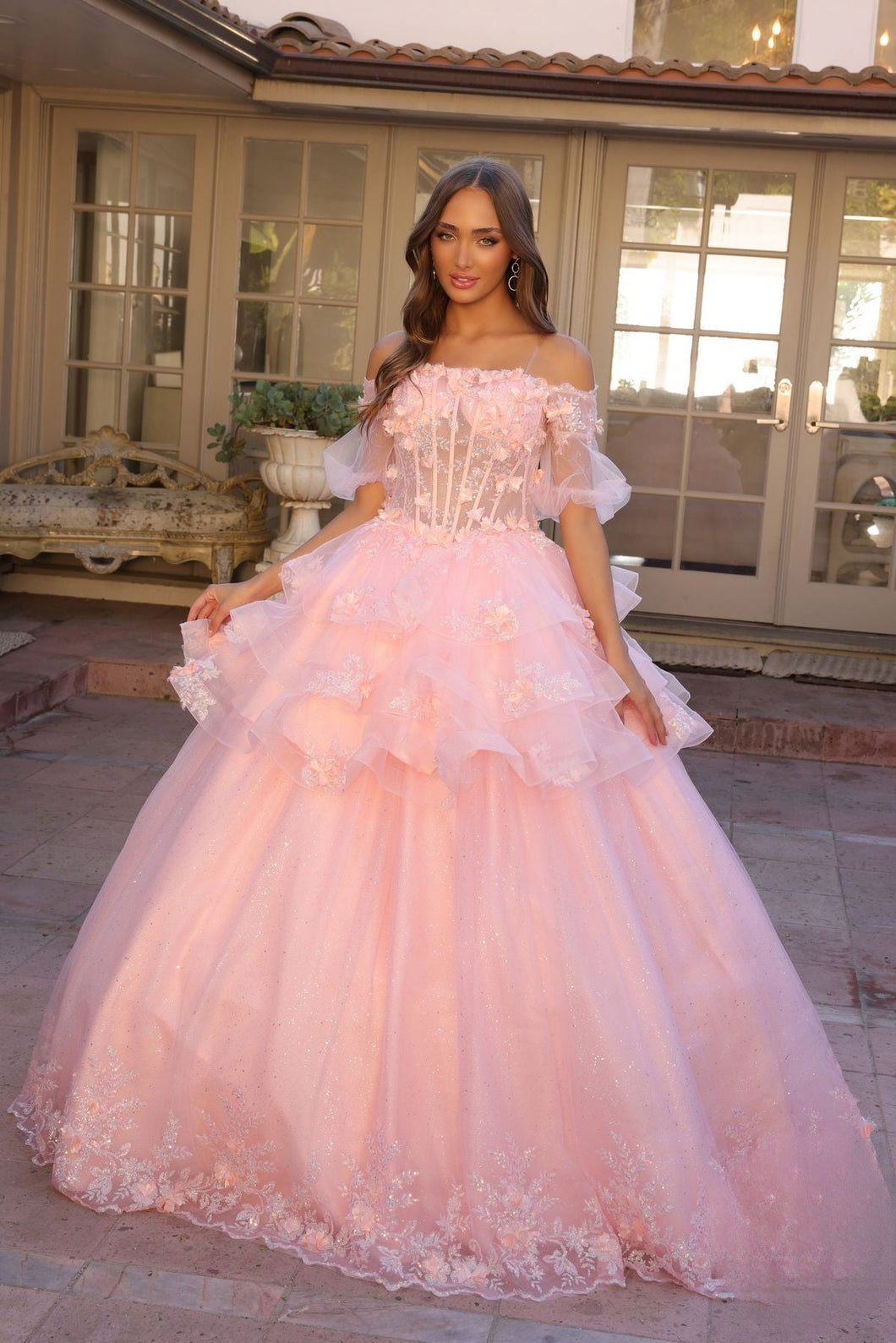 3D Flolar Applique Off Shoulder Sheer Sleeves Long Quinceanera Dress NXH1360