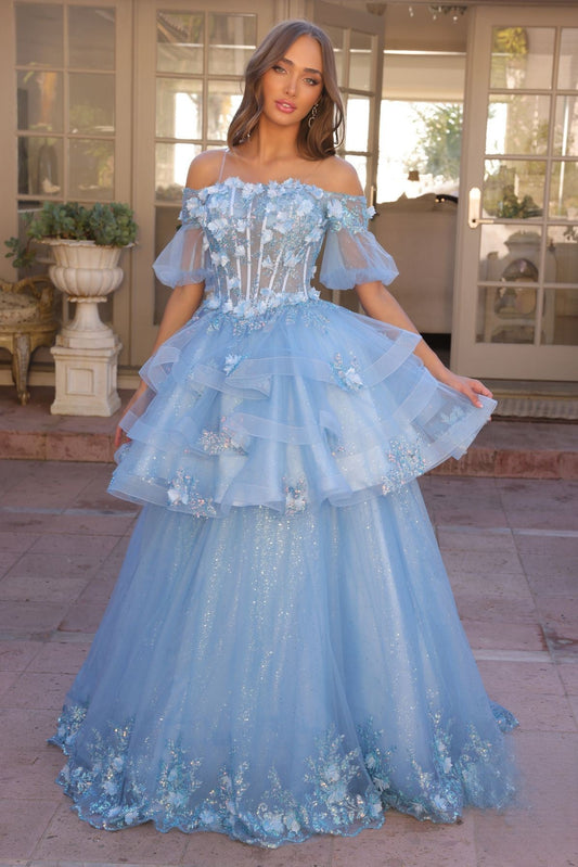 3D Flolar Applique Off Shoulder Sheer Sleeves Long Quinceanera Dress NXH1360