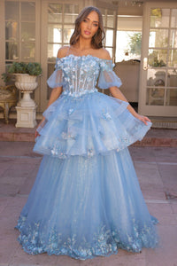 3D Flolar Applique Off Shoulder Sheer Sleeves Long Quinceanera Dress NXH1360