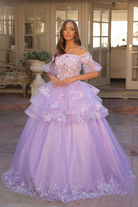 3D Flolar Applique Off Shoulder Sheer Sleeves Long Quinceanera Dress NXH1360