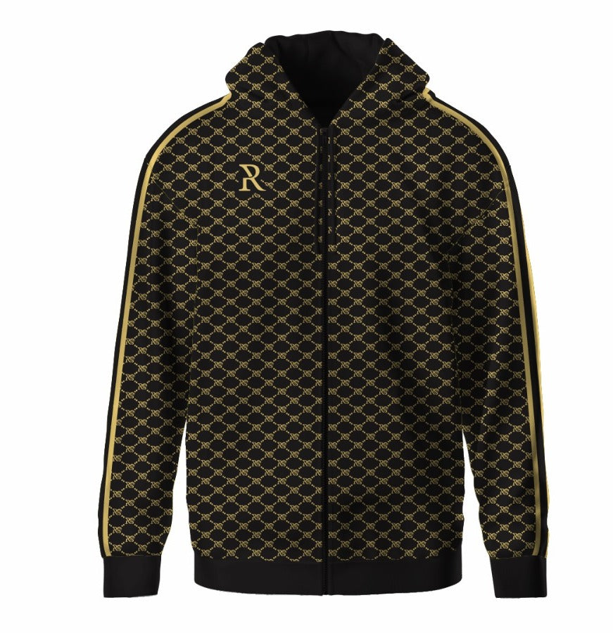 Stylish monogrammed men's black and gold hooded jacket with zipper closure, showcasing a distinctive patterned design.