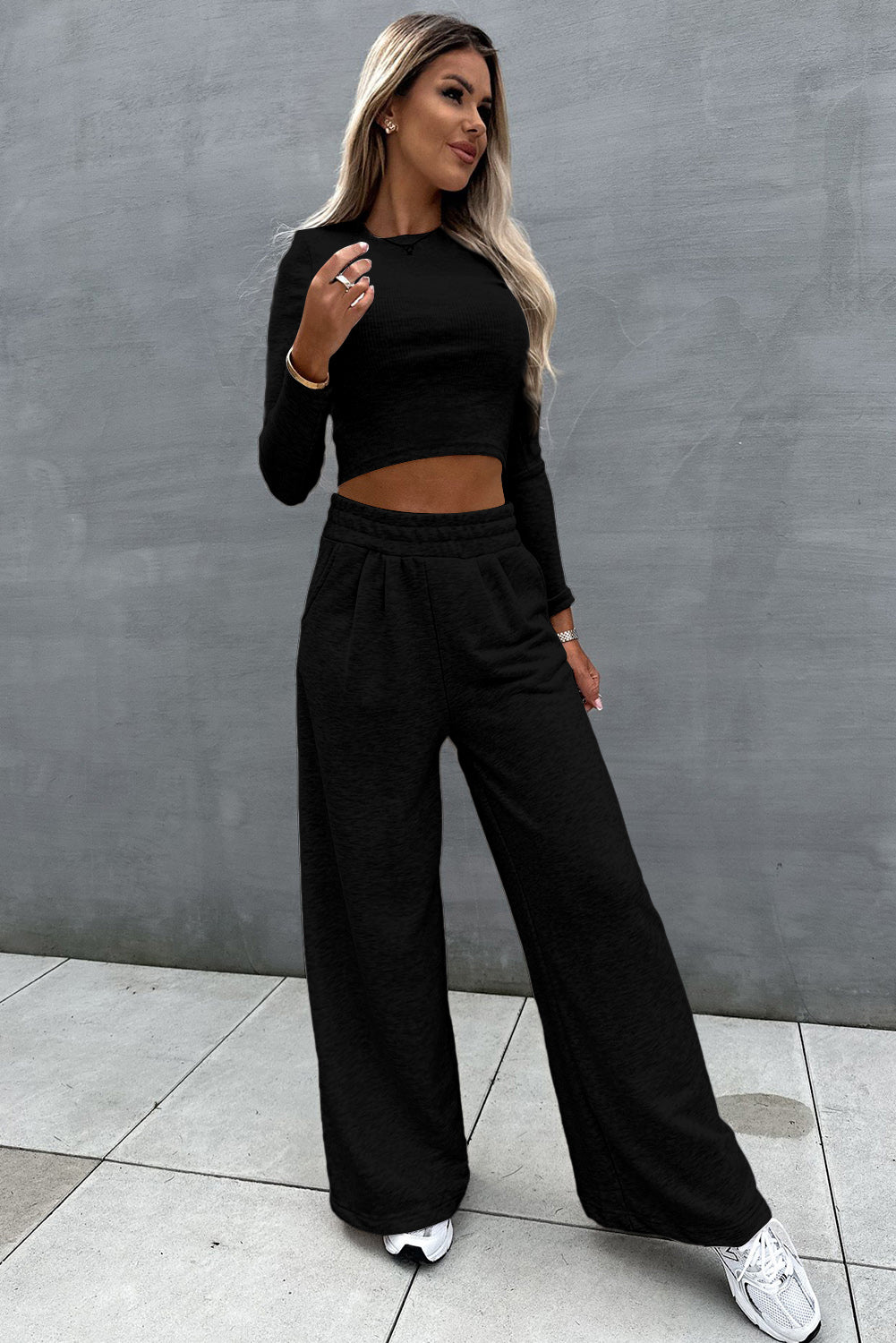 Stylish Black Crop Top and Wide Leg Pants Set