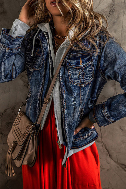 Stylish denim jacket with contrast zipper, casual yet chic outfit featuring a flowing red dress in the image.