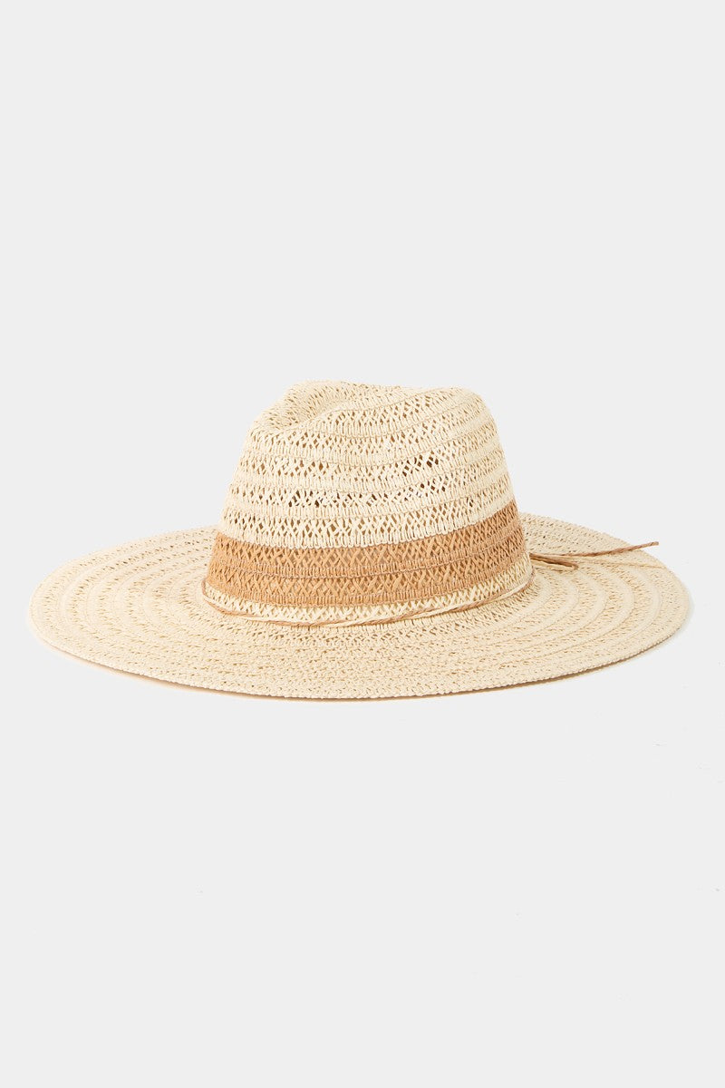 Fashionable straw braided sun hat with contrasting bands for stylish sun protection.