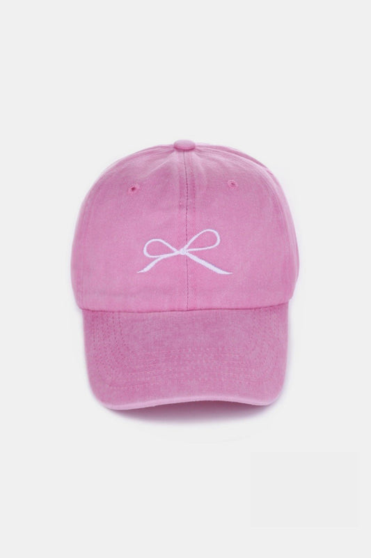 Zenana Bow Embroidered Washed Cotton Cap - Stylish pink cap with embroidered bow design