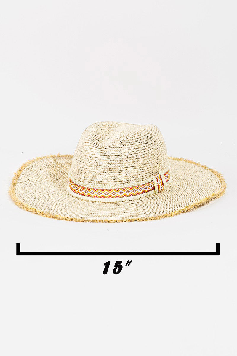 Stylish straw hat with geometric trim, perfect for summer fashion.