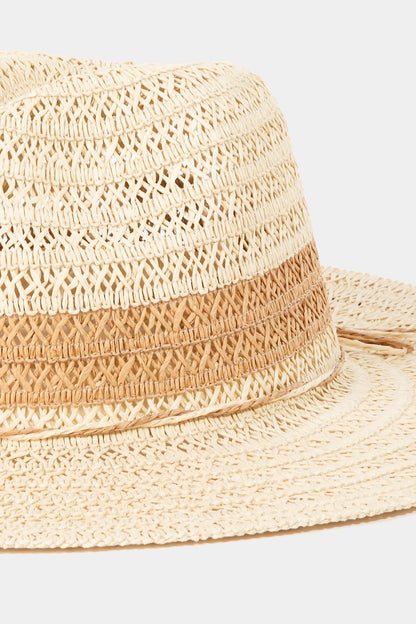 Stylish straw sun hat with contrasting woven details, perfect for warm weather fashion.