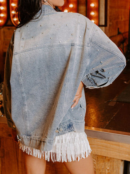 Rhinestone Detail Button Up Denim Jacket with Fringe Hem