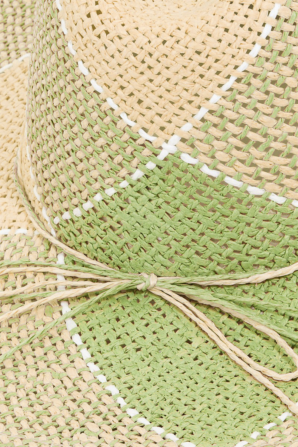 Straw braid hat with contrasting green and beige tones, featuring a decorative knot detail at the center.