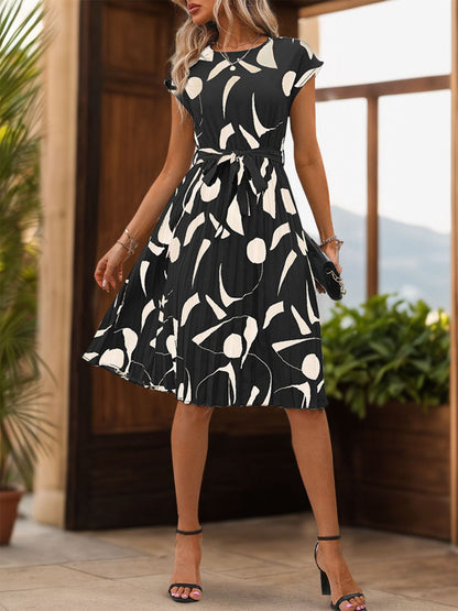 Perfee Tied Pleated Printed Cap Sleeve Dress