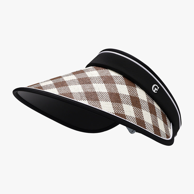 Plaid Natural Grass Adjustable Sun Hat - A stylish plaid-patterned sun hat with a classic design and an adjustable strap for a comfortable fit.