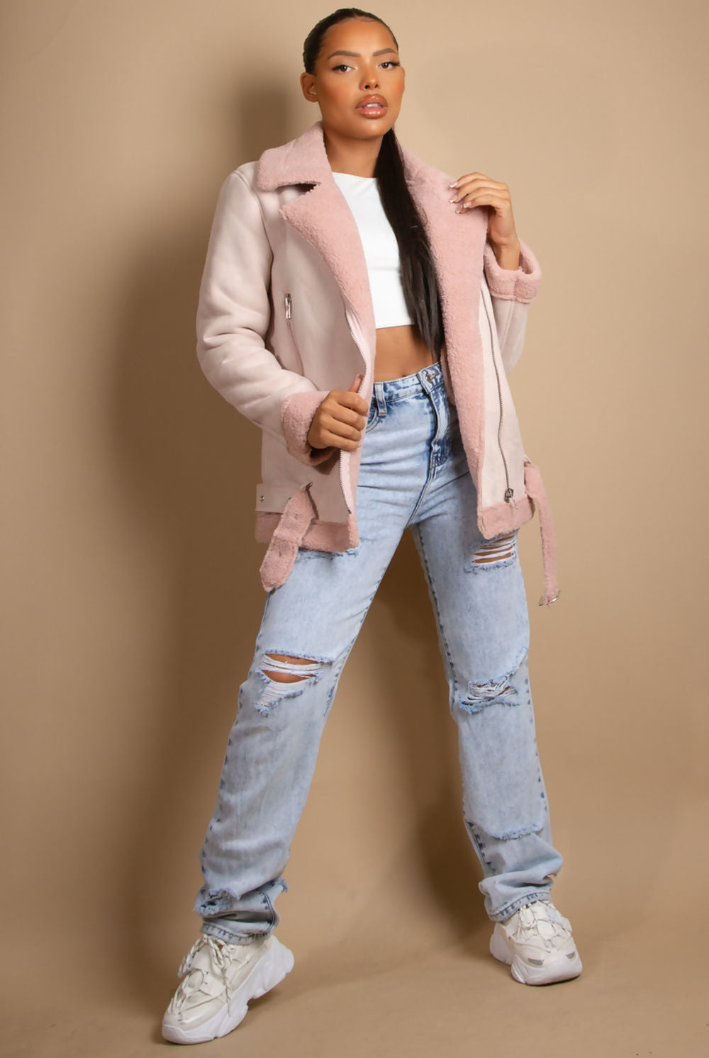 Pink Faux Suede Aviator Jacket 11701 Jackets & Coats LoveAdora