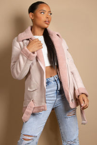 Pink Faux Suede Aviator Jacket 11701 Jackets & Coats LoveAdora