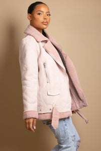 Pink Faux Suede Aviator Jacket 11701 Jackets & Coats LoveAdora