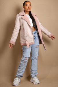 Pink Faux Suede Aviator Jacket 11701 Jackets & Coats LoveAdora