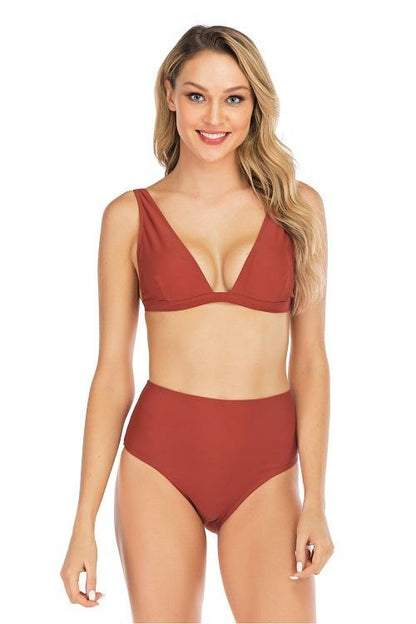 Elegant red women's bikini top and bottoms, feminine style, flattering fit, ideal for summer vacations.