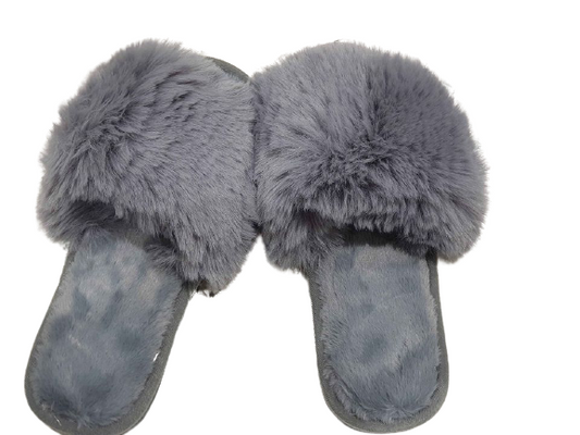 Plush grey faux fur slippers