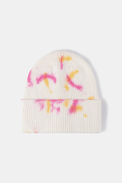 Tie-Dye Cuffed Rib-Knit Beanie Hat - Colorful, trendy beanie hat from Trendsi featuring a tie-dye pattern and a ribbed knit design.