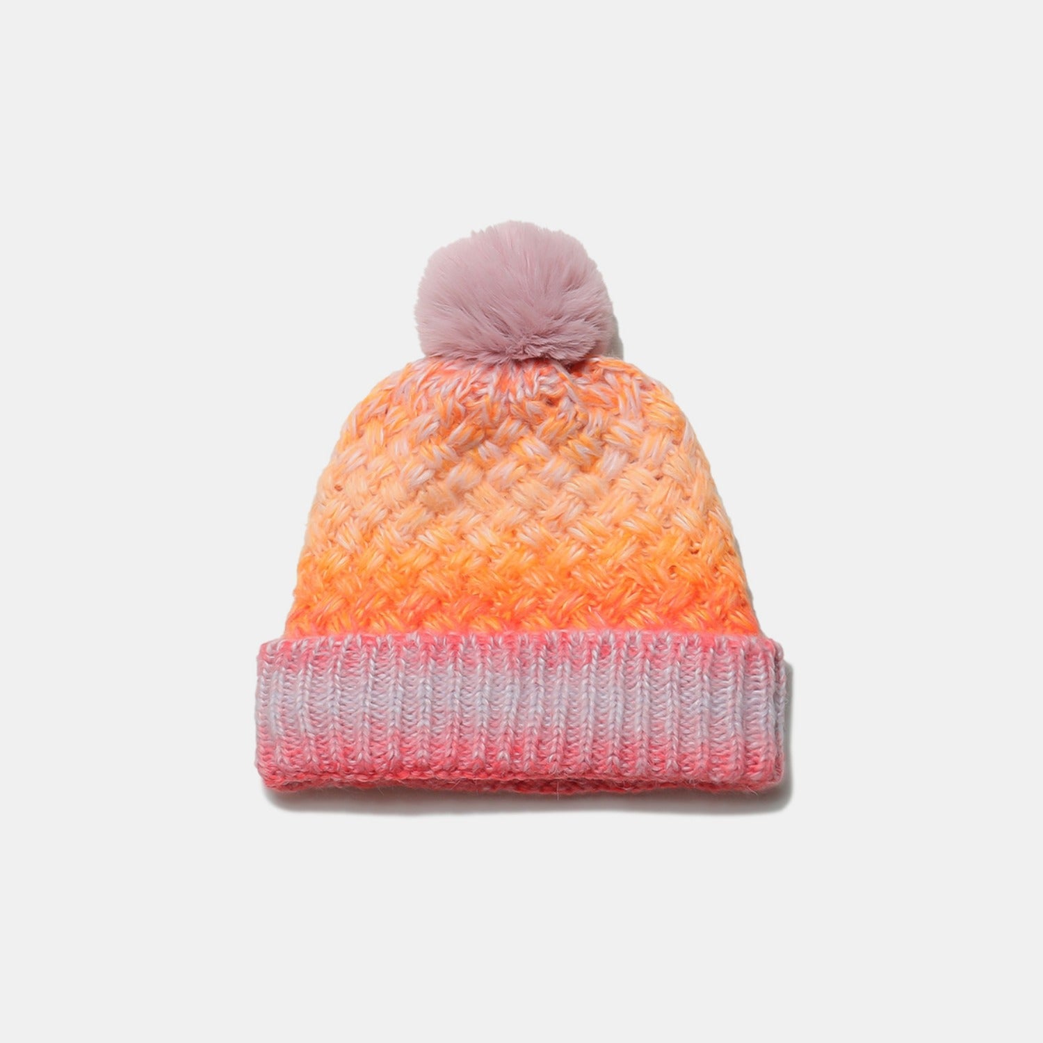 Gradient Knit Hat with Pompom: A stylish and cozy hat with a vibrant orange and pink gradient pattern, featuring a plush pompom on top.