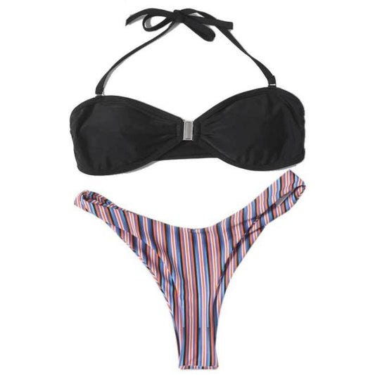 Colorful striped women's bikini with black bandeau top and matching bottoms on a transparent background.