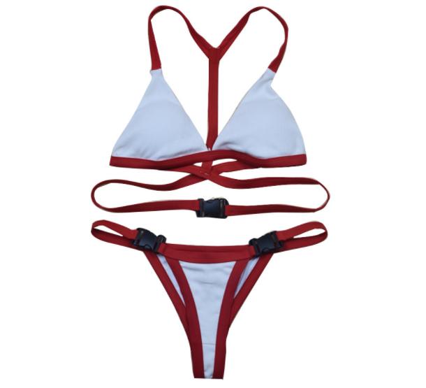 Red and white women's bikini with criss-cross straps and adjustable elements