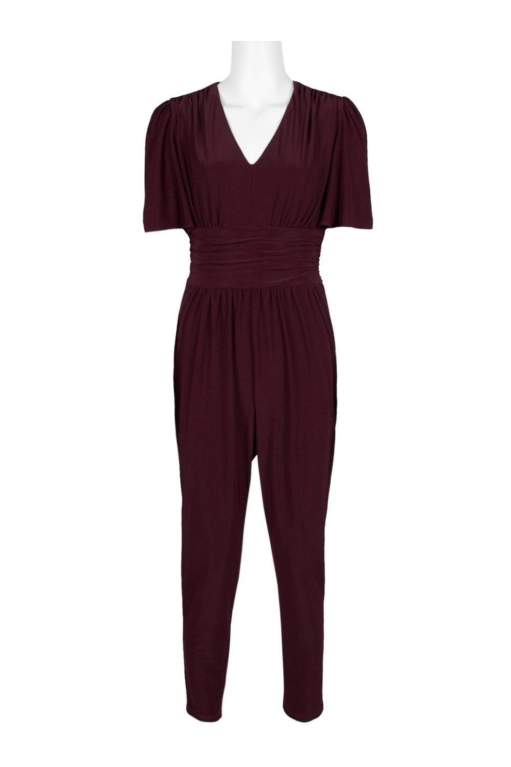 Burgundy V-neck short sleeve ruched zipper back solid jersey jumpsuit on display.