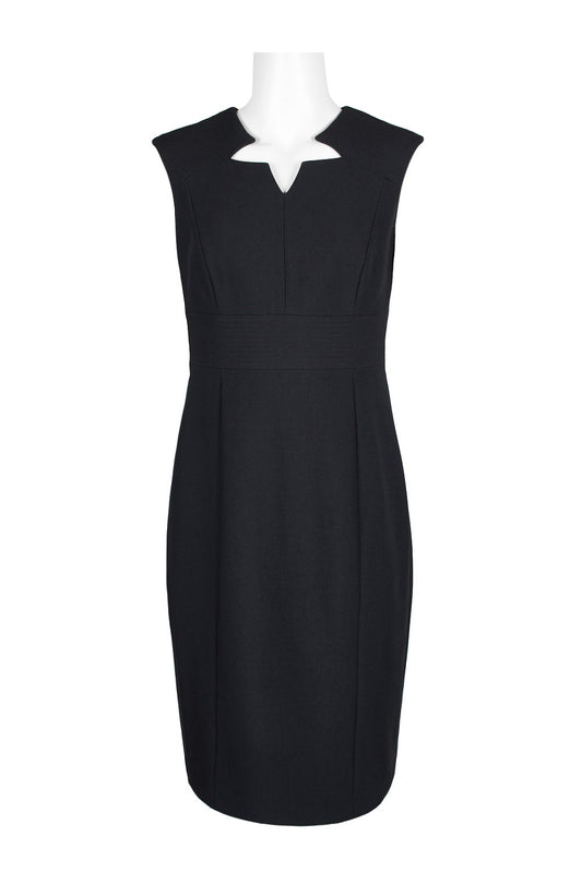 Black sleeveless bodycon dress with cutout front detail and zipper back closure.