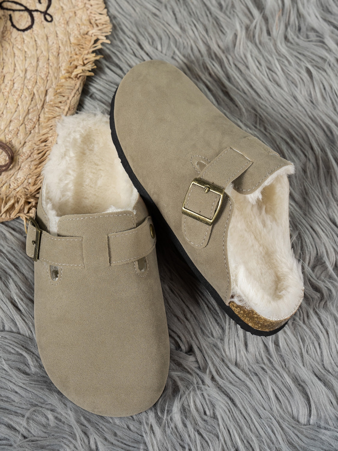 Suede Round Toe Slippers with Furry Trim on a Cozy Gray Rug