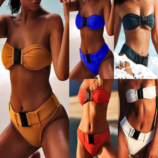 Vibrant and stylish women's swimwear featuring bodacious bikinis with eye-catching designs and sleek metallic accents.