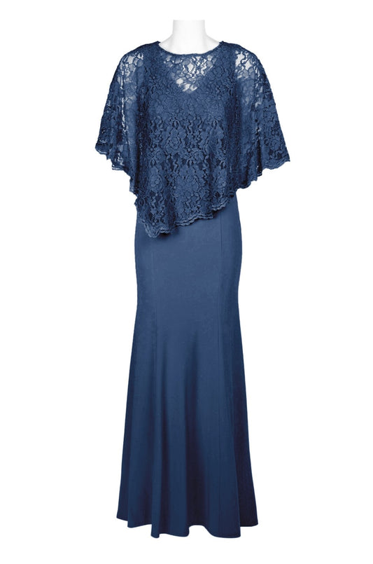 Elegant navy blue lace and jersey dress with flutter sleeves, featuring a figure-flattering mermaid silhouette and a keyhole back zipper closure.