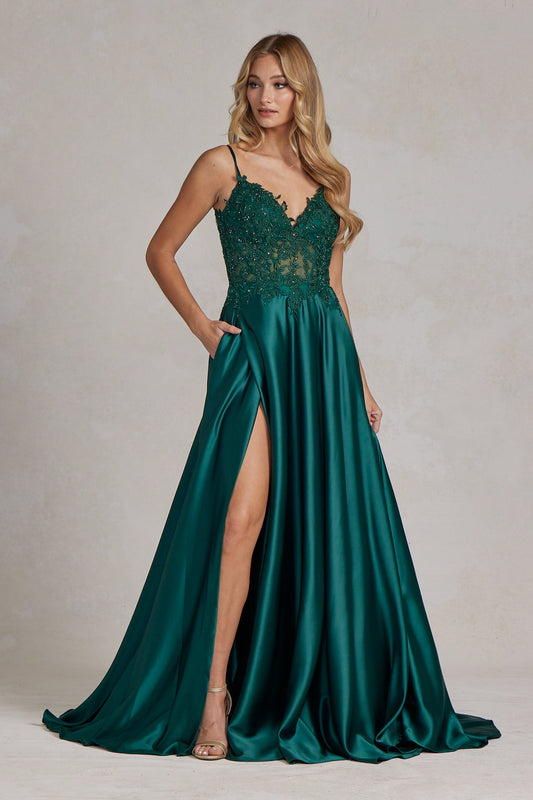 Embroidered Lace Bodice Open V-Back Satin Skirt Long Prom Dress NXK1121