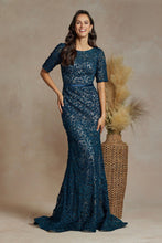 Load image into Gallery viewer, Indigo Teal  Mermaid Embroidered Lace  Mother of the Bride Dress