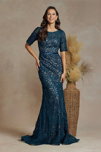 Indigo Teal  Mermaid Embroidered Lace  Mother of the Bride Dress